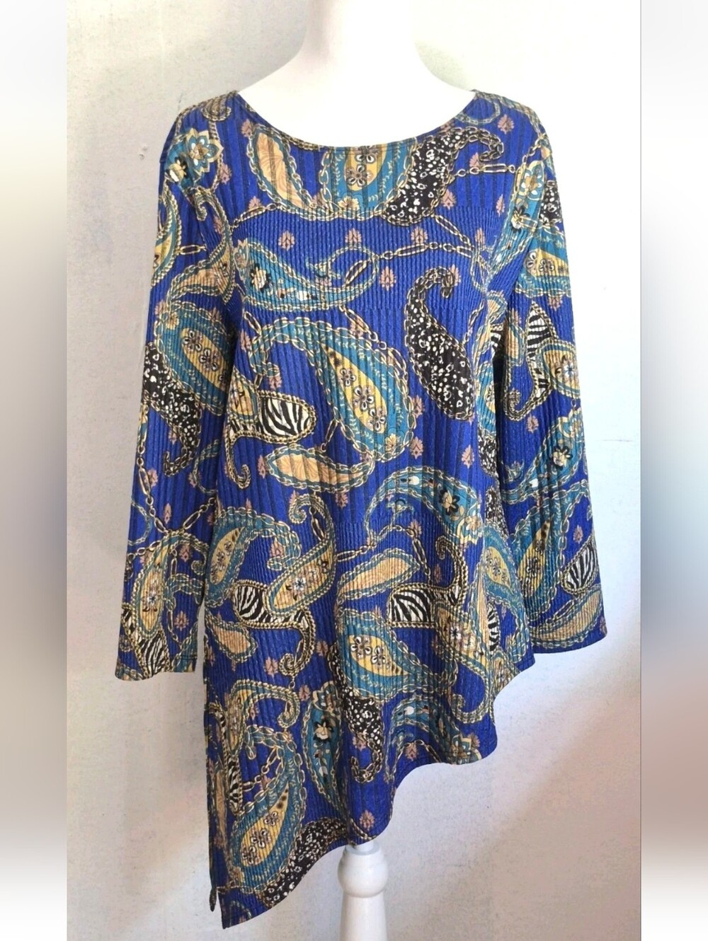 SLINKY Paisley Pleated Textures Women's Tunic Blouse Top  Size L  MADE IN USA